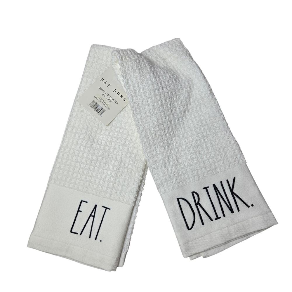 Rae Dunn EAT DRINK kitchen towels set of 2 white NEW